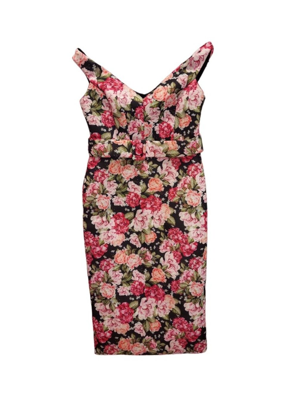 Asos Womens 10 dress black off shoulder pink roses belt scuba Party sexy Formal